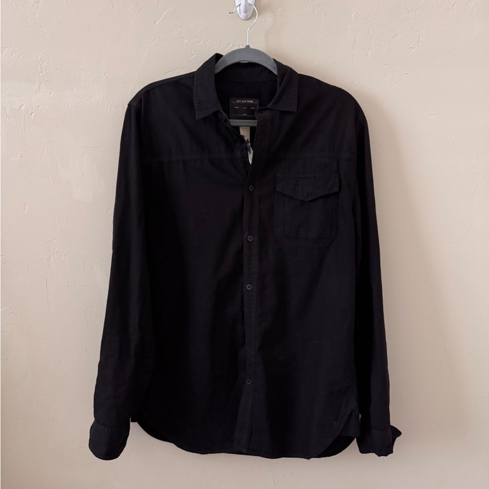 Zara Man Black Denim Button-Up Long Sleeve Shirt (M)